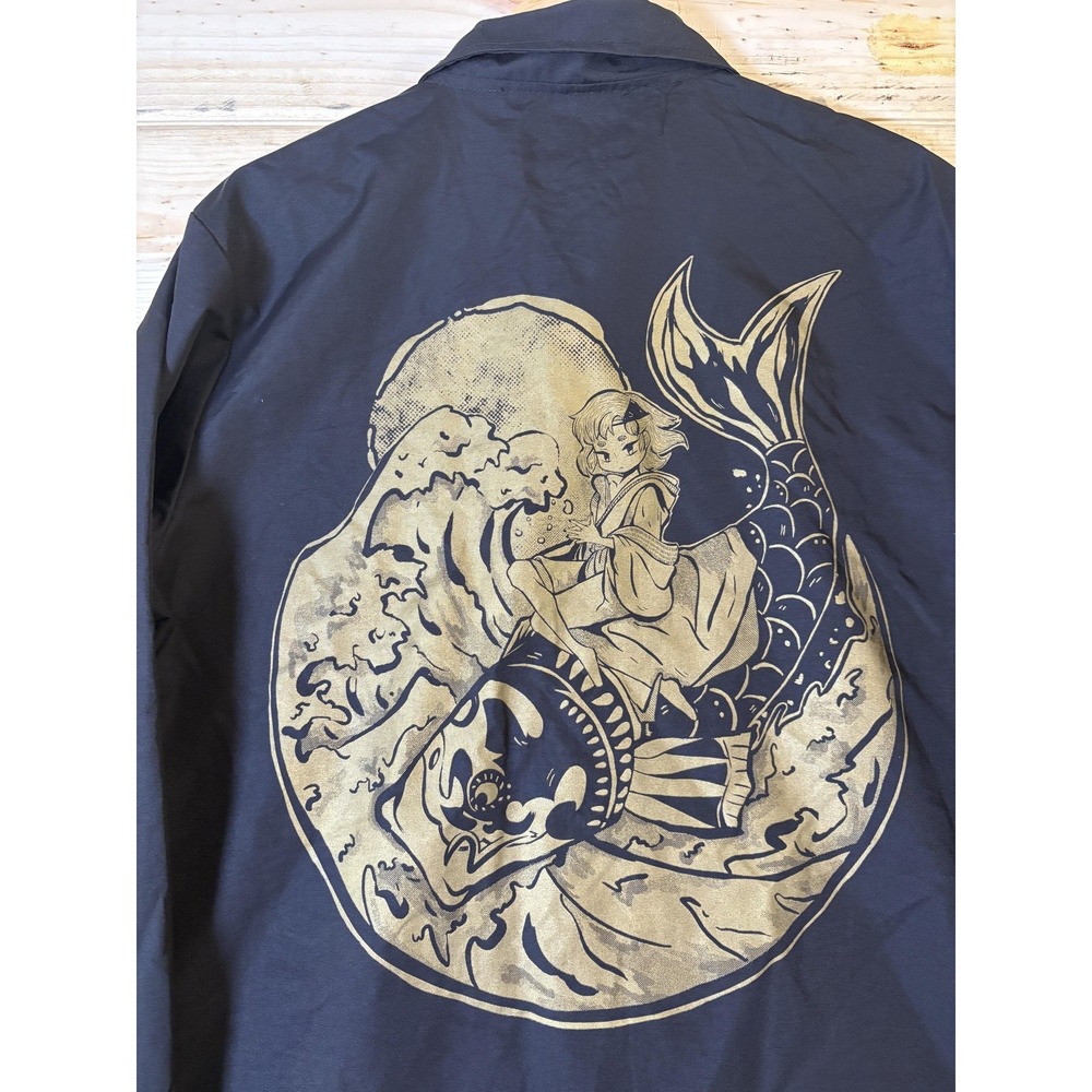 Apari Coach Jacket Mens Small Black Graphic Mermaid Koi Back Print EXP99CNB - Picture 3 of 15